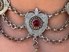 Antique Waist Coat Chain Charivari Choker Necklace Silver Hearts Coins Pendant