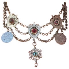 Antique Waist Coat Chain Charivari Choker Necklace Silver Hearts Coins Pendant
