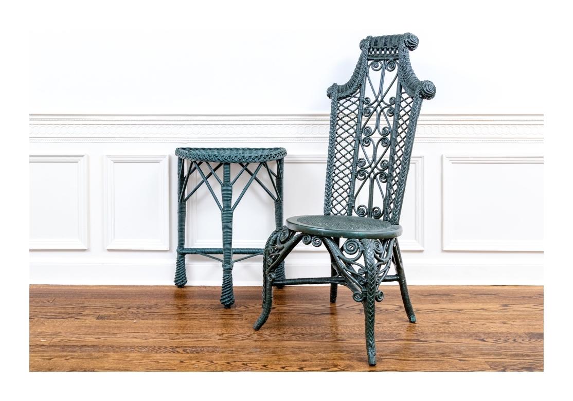 Antike Wakefield Rattan Co. Gemaltes Korbgeflecht Beistellstuhl und Demilune Accent Tisch im Angebot 10