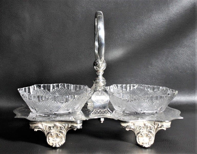 Victorian Antique Walker & Hall Silver Plated Condiment Server with Pressed Glass Bowls For Sale