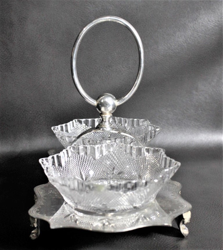 English Antique Walker & Hall Silver Plated Condiment Server with Pressed Glass Bowls For Sale