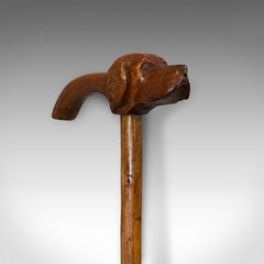 Antique Walking Cane, Fruitwood, Carved Country Shooting Stick, Dog, Victorian