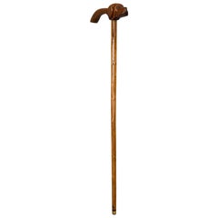 Antique Walking Cane, Fruitwood, Carved Country Shooting Stick, Dog, Victorian