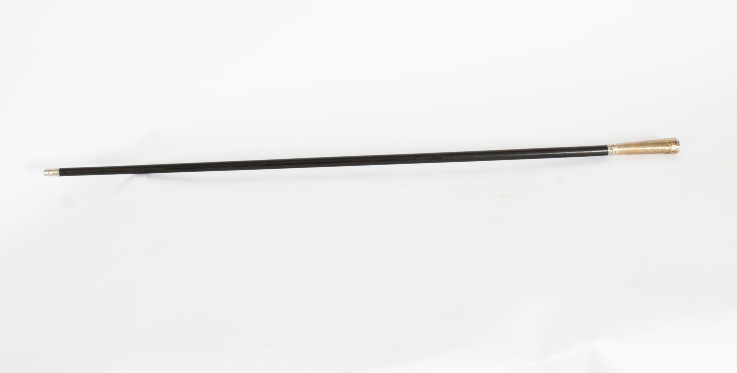 This is a beautiful continental antique silver gilt pommel walking stick, circa 1890 in date
 
The striking stick features an ornate silver gilt handle that has oval interlaced and flowerhead swagwork borders enclosing an engine-turned handle, on a