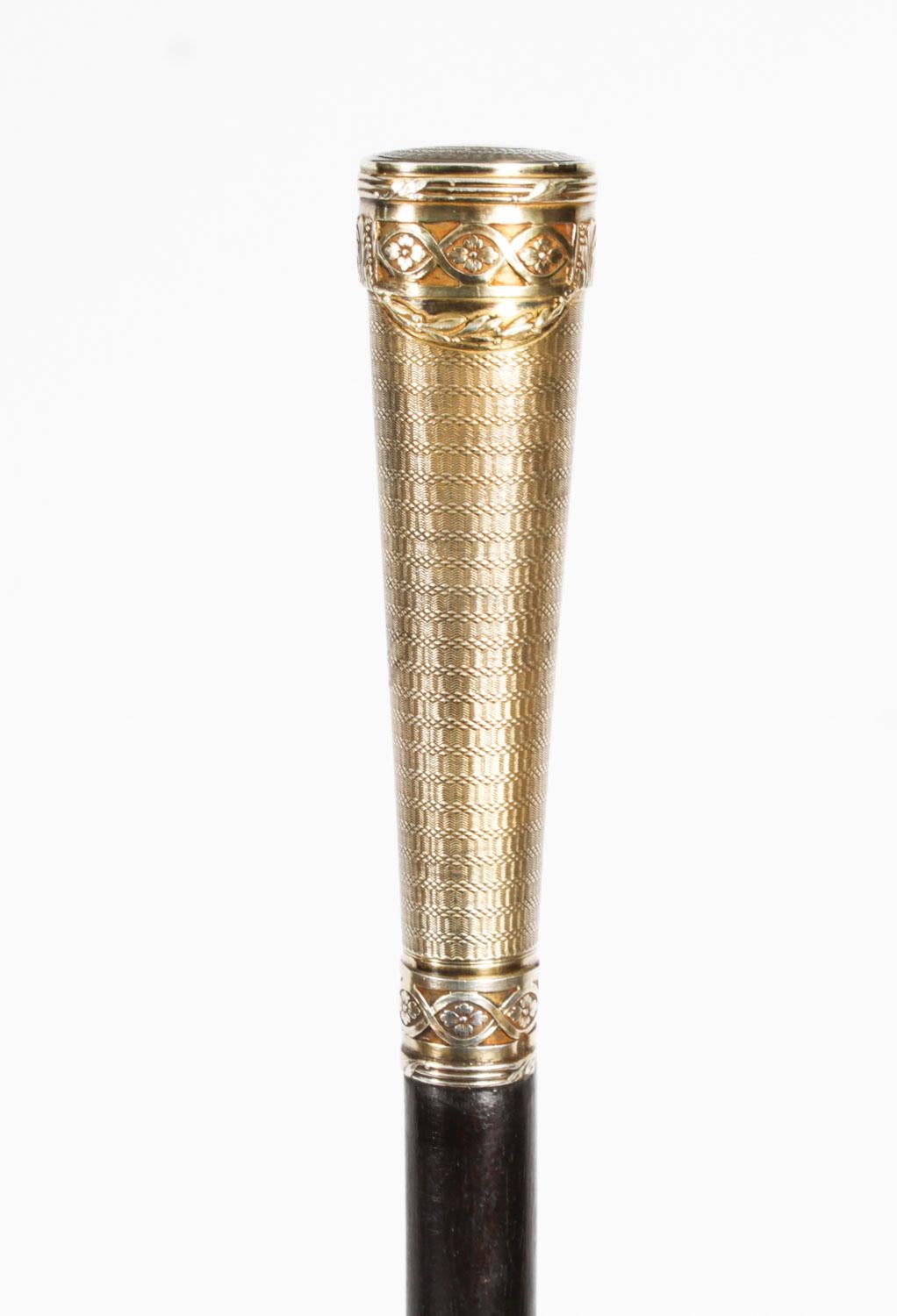 Ebonized Antique Walking Cane Stick Silver Gilt Handle 19th Century For Sale