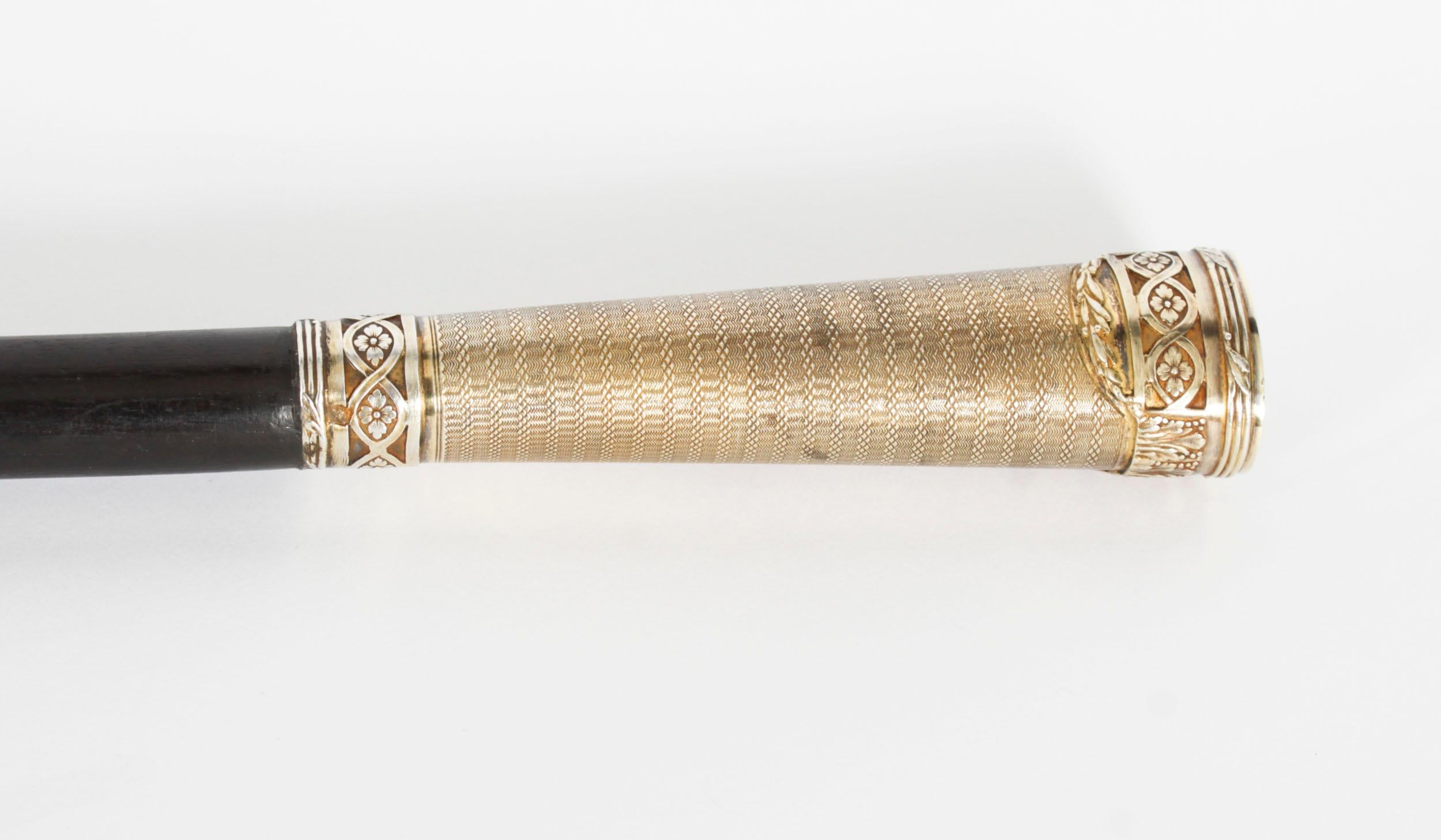 Antique Walking Cane Stick Silver Gilt Handle 19th Century For Sale 1