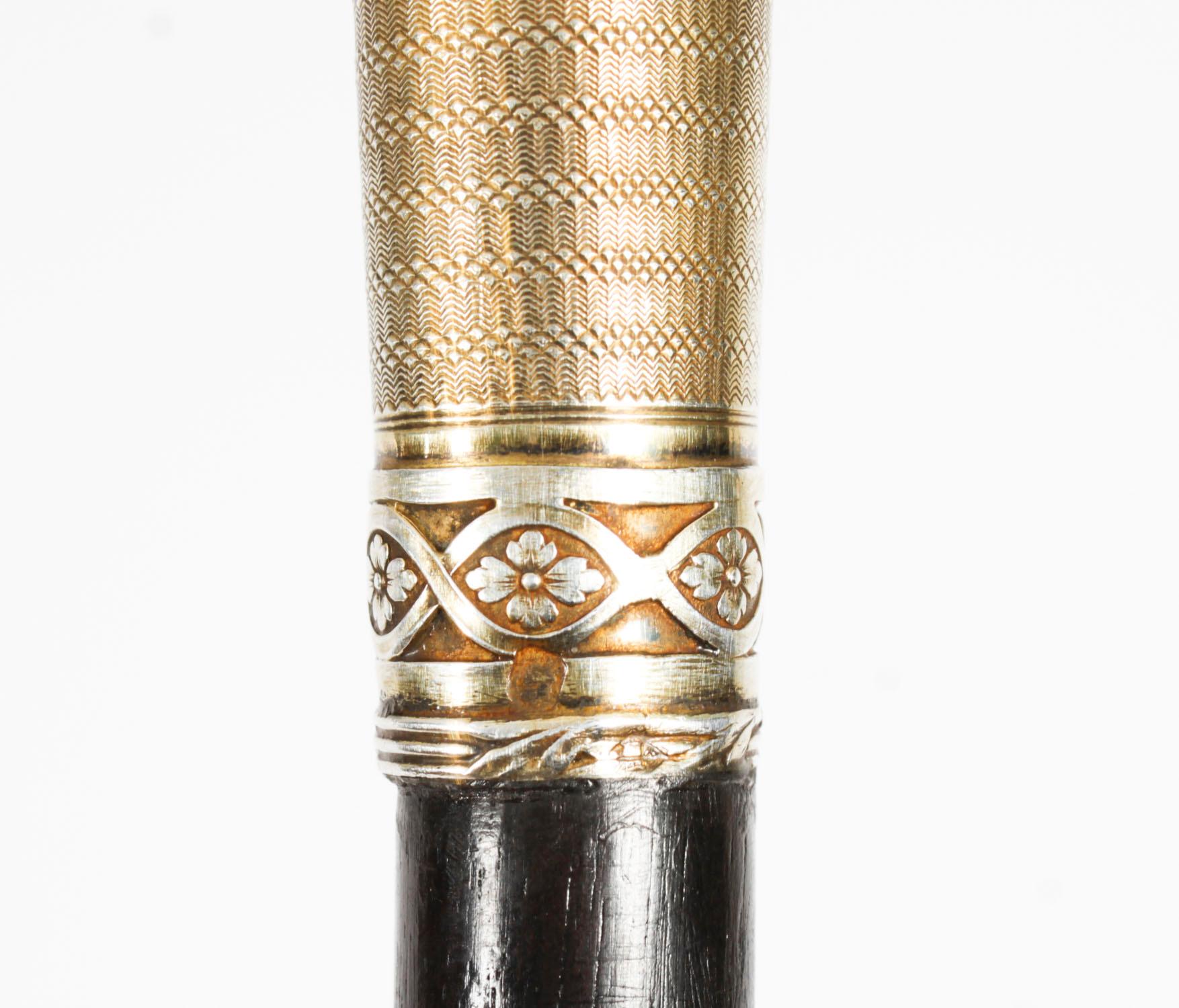 Antique Walking Cane Stick Silver Gilt Handle 19th Century For Sale 3