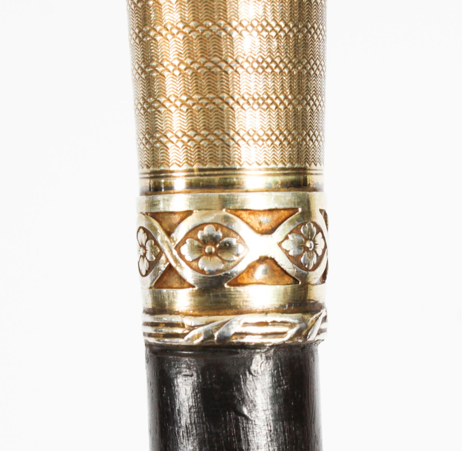 Antique Walking Cane Stick Silver Gilt Handle 19th Century For Sale 4