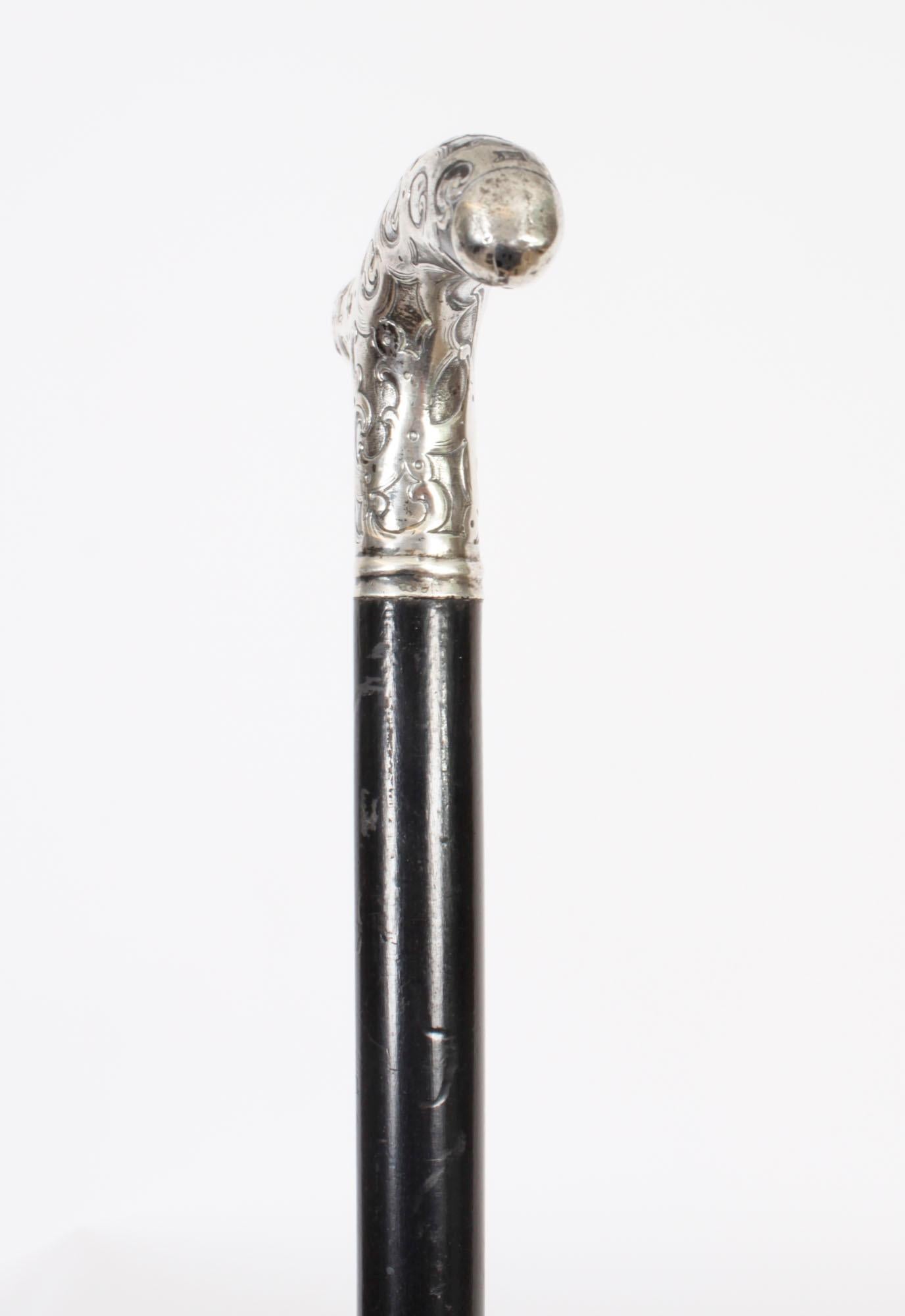English Antique Walking Cane Stick Silver Handle 1890