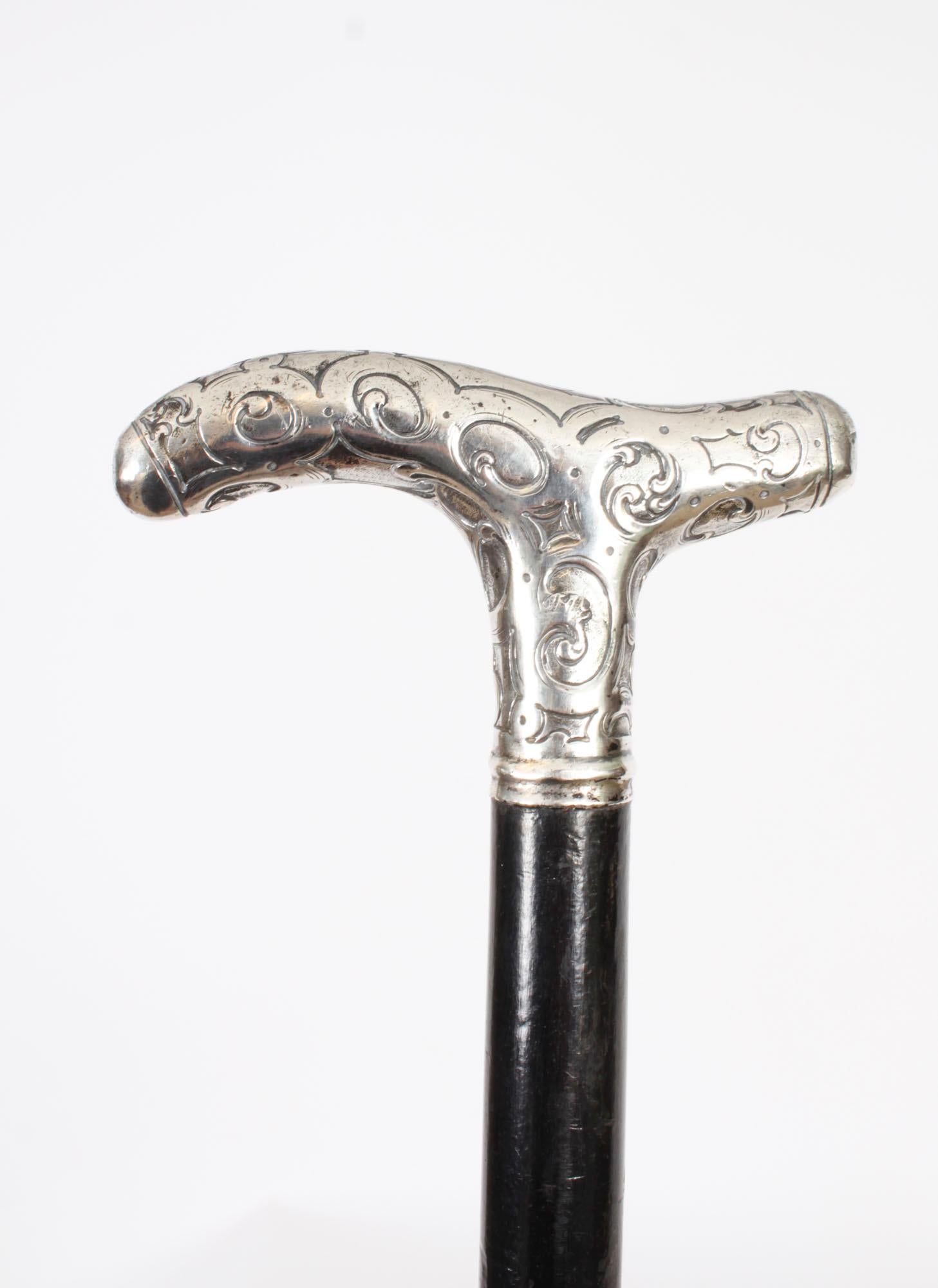 Antique Walking Cane Stick Silver Handle 1890 In Good Condition In London, GB