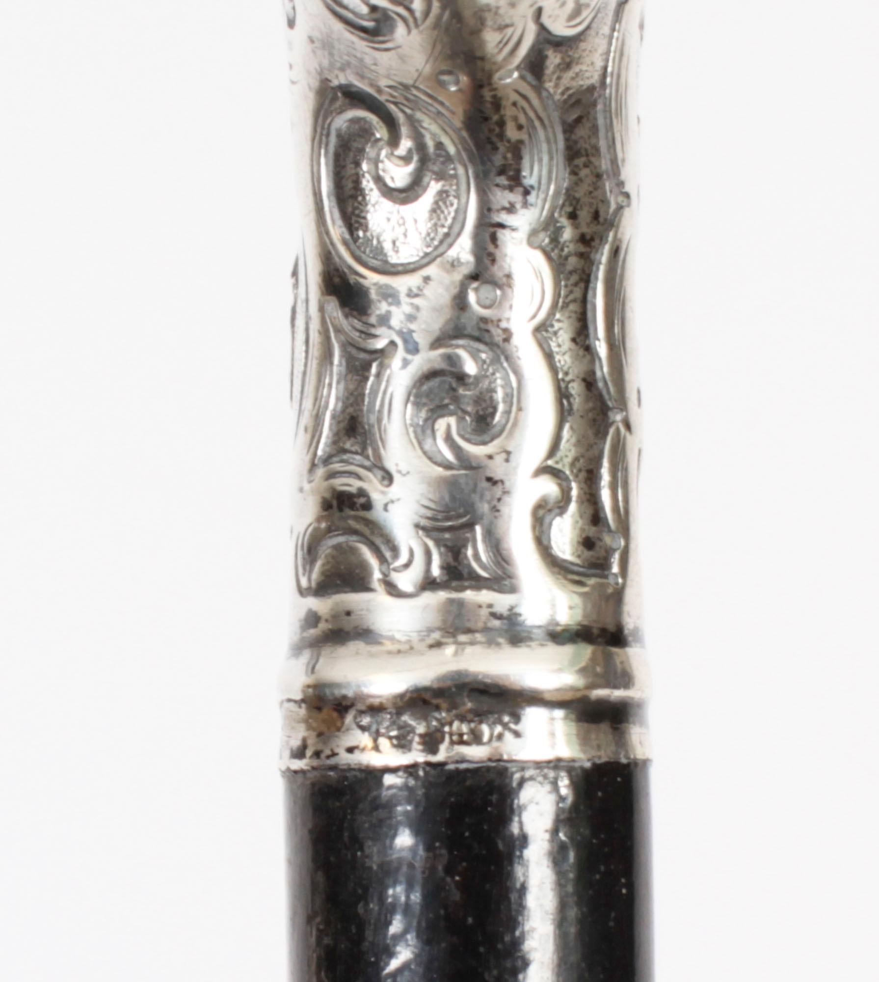 Late 19th Century Antique Walking Cane Stick Silver Handle 1890