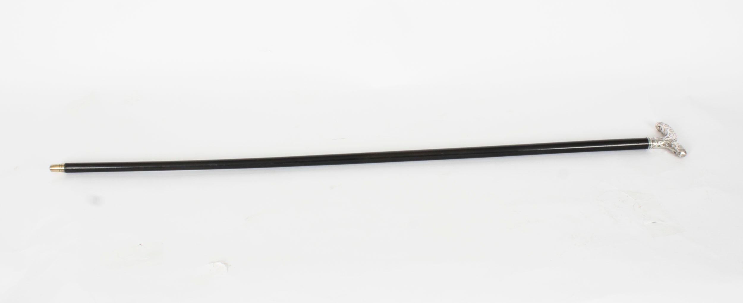 This is a beautiful continental antique sterling silver pommel walking stick, marked 800 on the sleeve, circa 1890 in date
  
The striking stick features an ornate silver crutch handle that has a profusely embossed star and swirl design, on a gentle