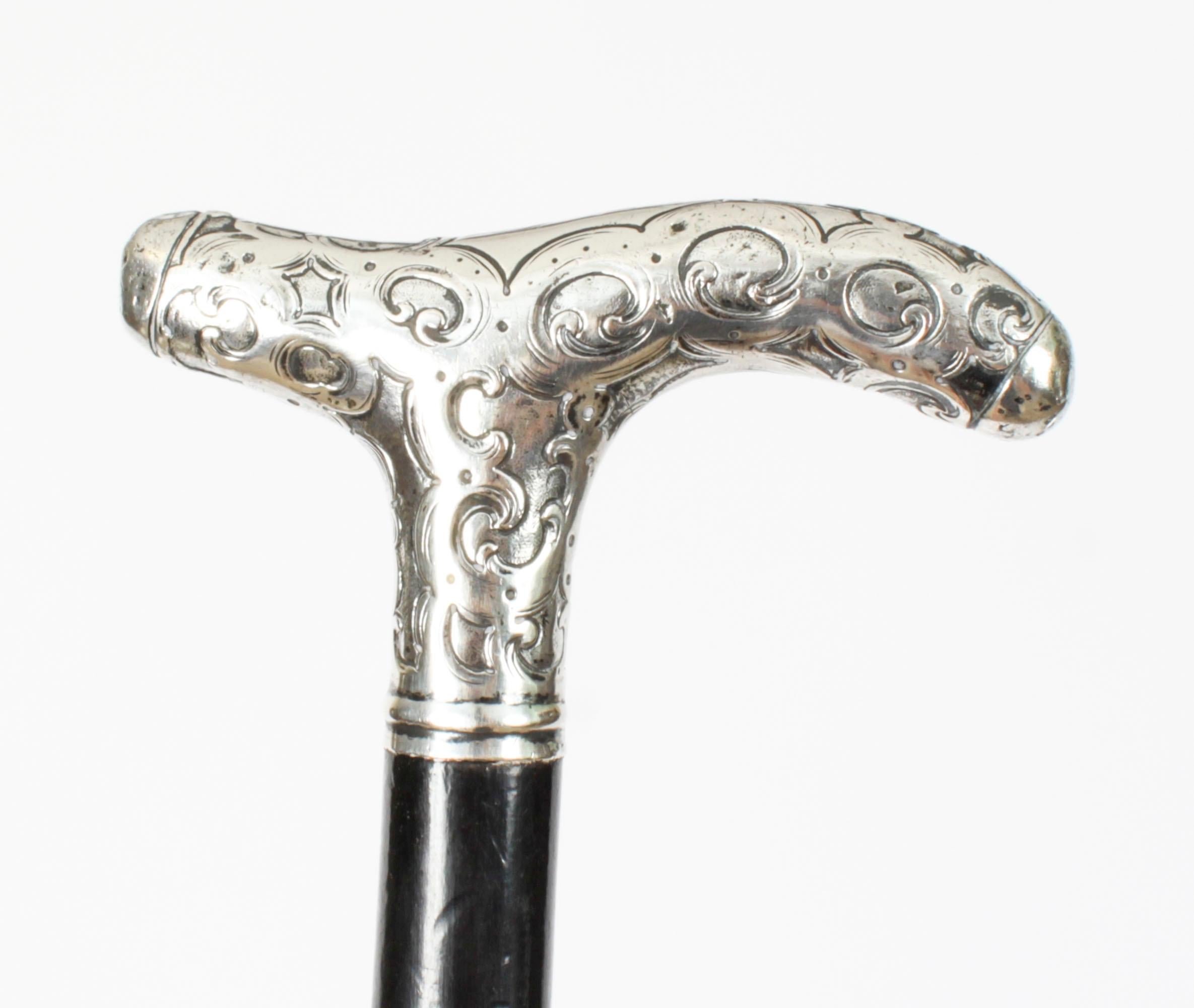 English Antique Walking Cane Stick Silver Handle 19th Century