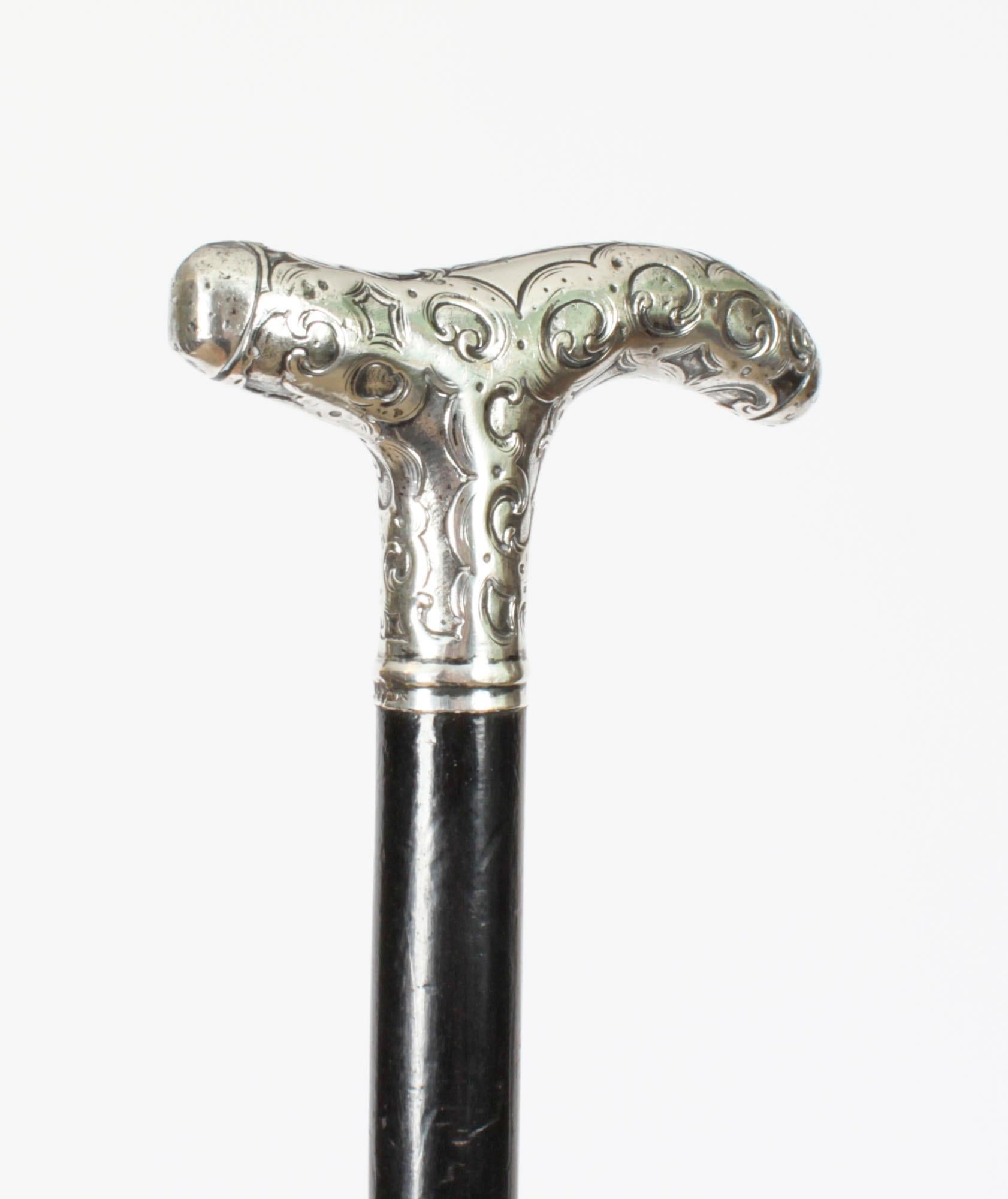Antique Walking Cane Stick Silver Handle 19th Century In Good Condition In London, GB
