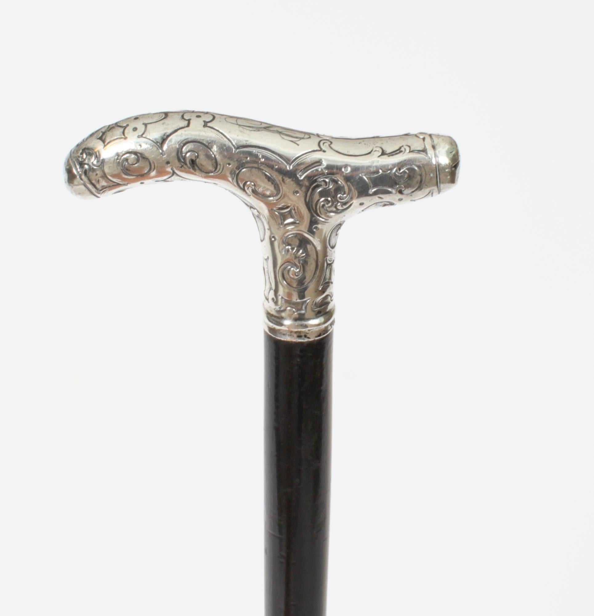 Late 19th Century Antique Walking Cane Stick Silver Handle 19th Century