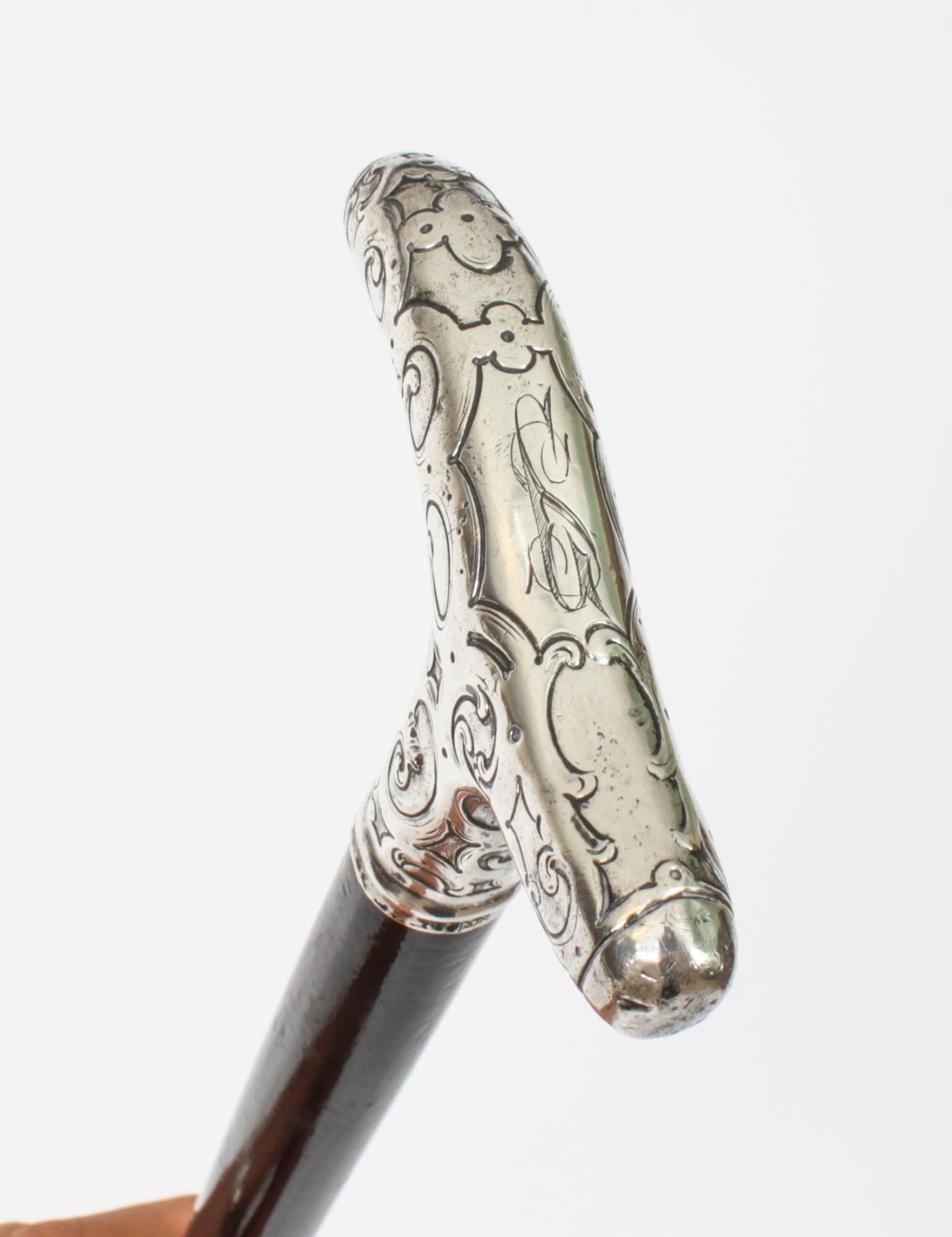 Sterling Silver Antique Walking Cane Stick Silver Handle 19th Century