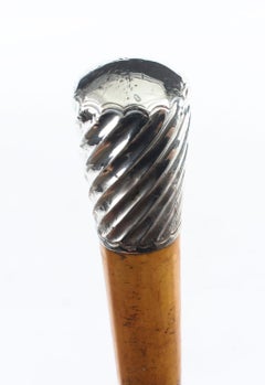 Antique Walking Cane Stick Sterling Silver Handle, 19th Century