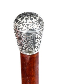 Antique Walking Cane Stick Sterling Silver Handle, 19th Century