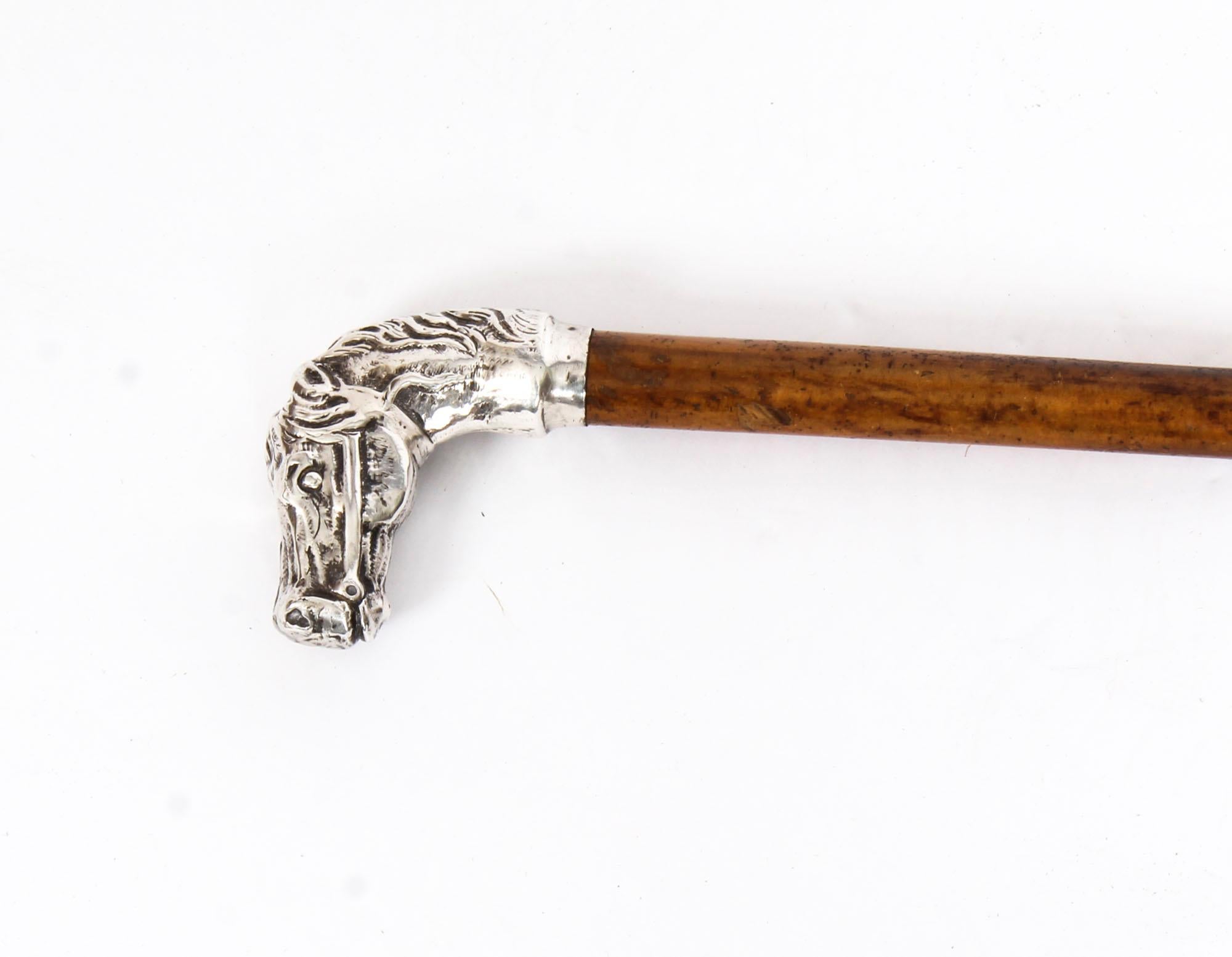 English Antique Walking Cane Stick Sterling Silver Horse Head Handle 1888, 19th Century
