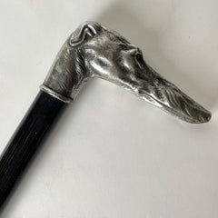 Antique Walking Cane/Stick with Greyhound head in White Metal, late 19th Century