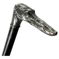 Antique Walking Cane/Stick with Greyhound head in White Metal, late 19th Century