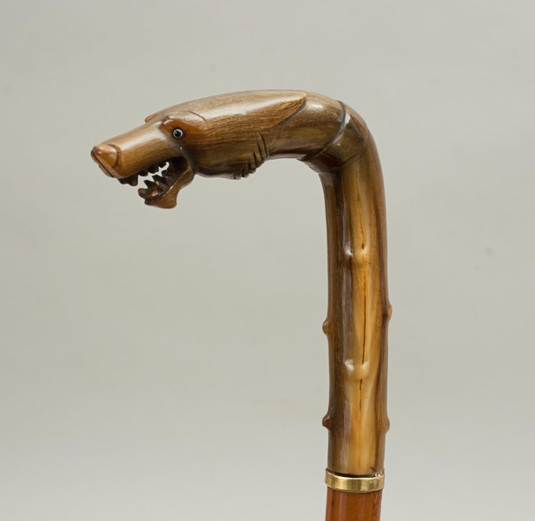 Antique Victorian Shinny Brass Wolf Head Handle Men's Wooden Walking Stick Cane