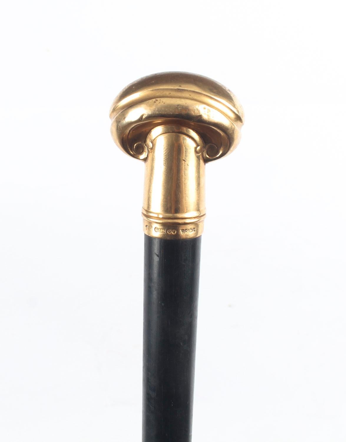 This is a beautiful antique Victorian walking cane with 15-carat gold handle with hallmarks for London, 1891.
 
The solid gold shaped handle is beautifully cast and it has an ebonized hardwood shaft with a brass ferrule on the end.
 
Add an