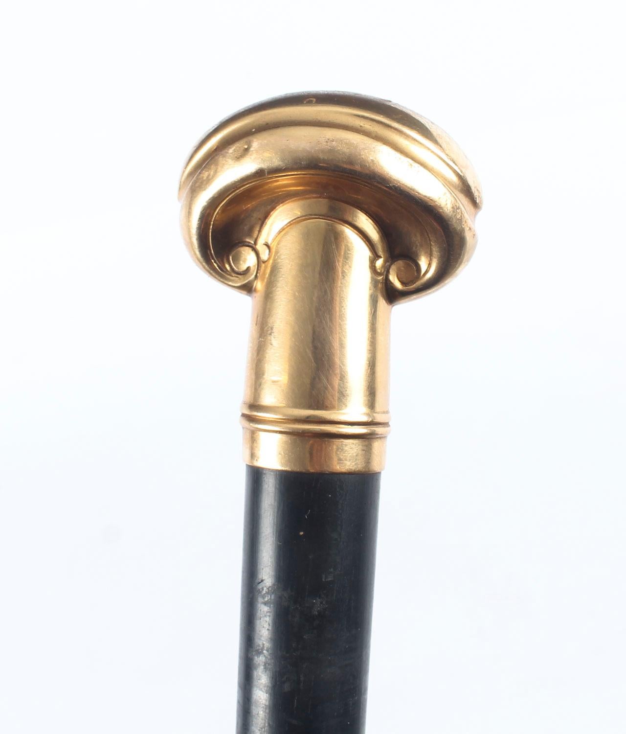 English Antique Walking Stick Cane 15-Carat Gold Topped, 1891