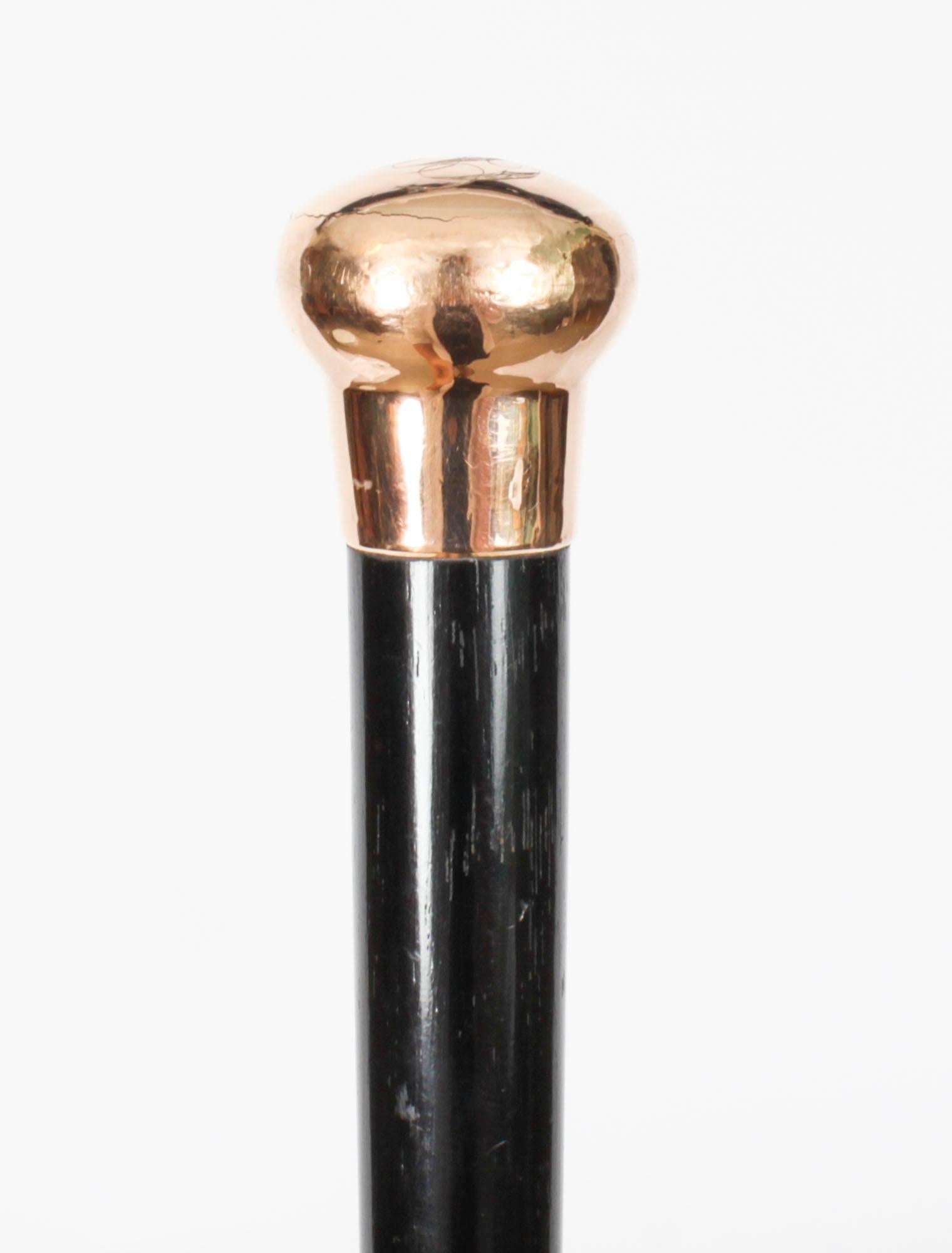 Victorian Antique Walking Stick Cane 9 Ct Gold Pommel Late 19th Century