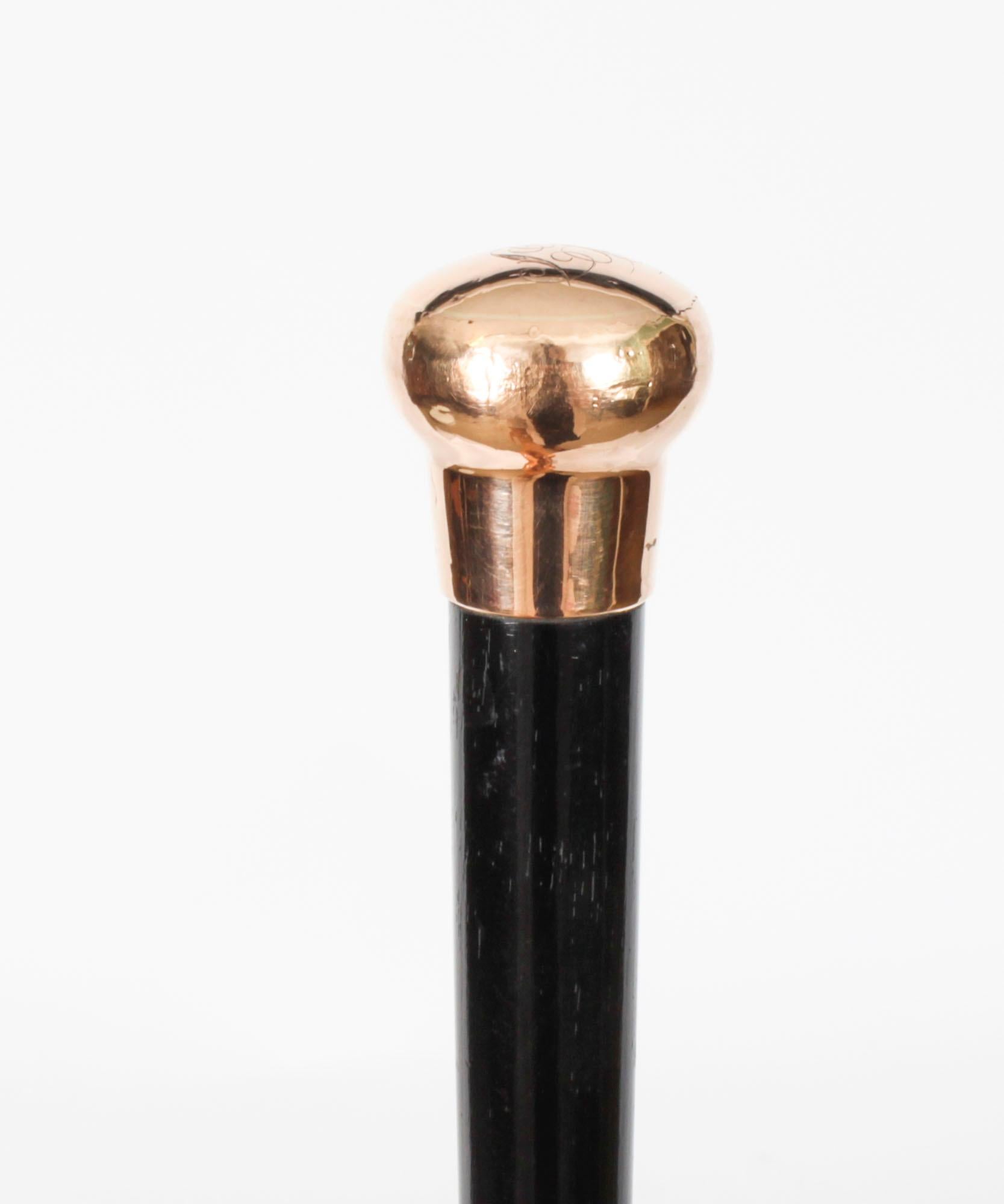 English Antique Walking Stick Cane 9 Ct Gold Pommel Late 19th Century