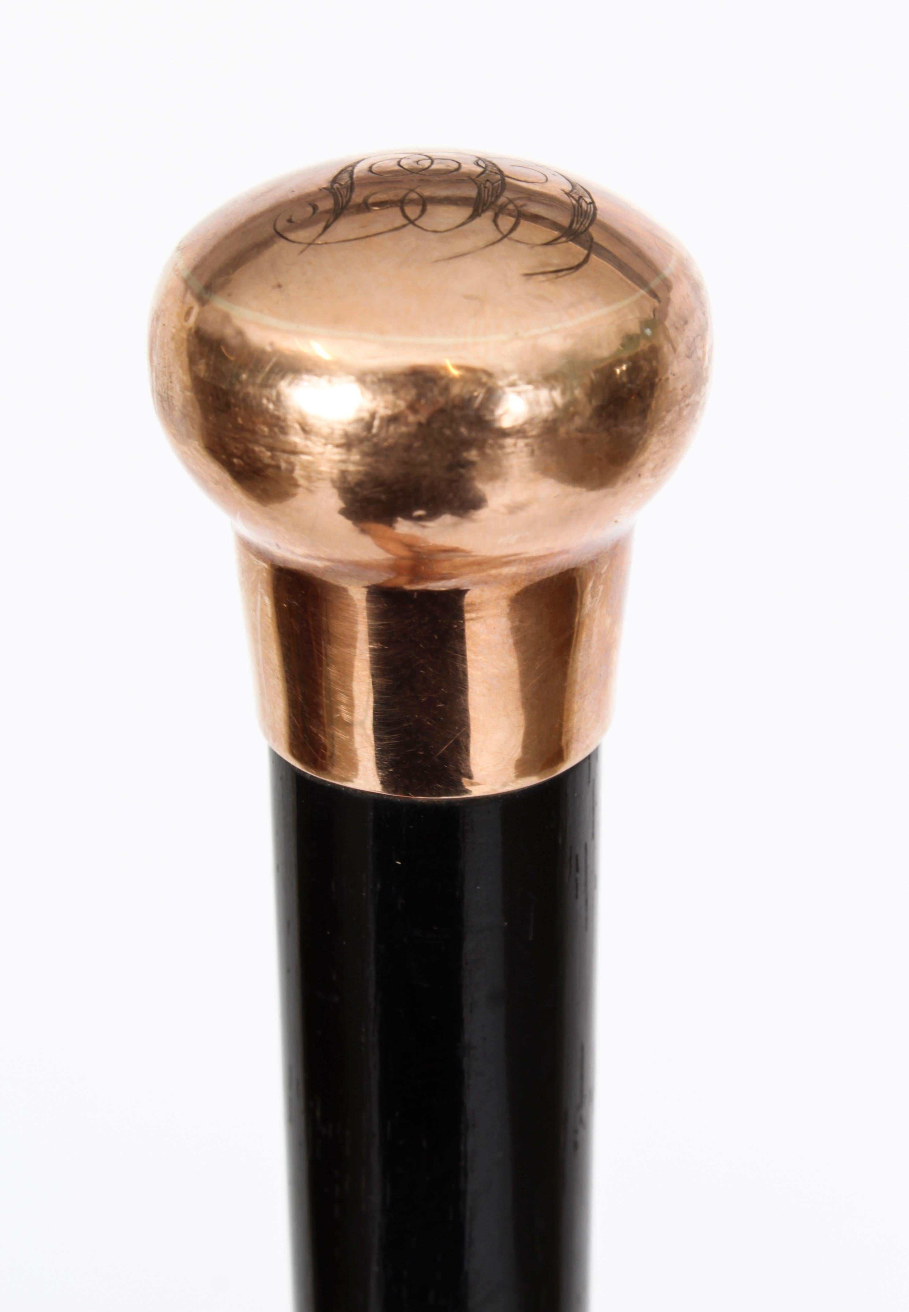 Antique Walking Stick Cane 9 Ct Gold Pommel, Late 19th Century In Good Condition For Sale In London, GB