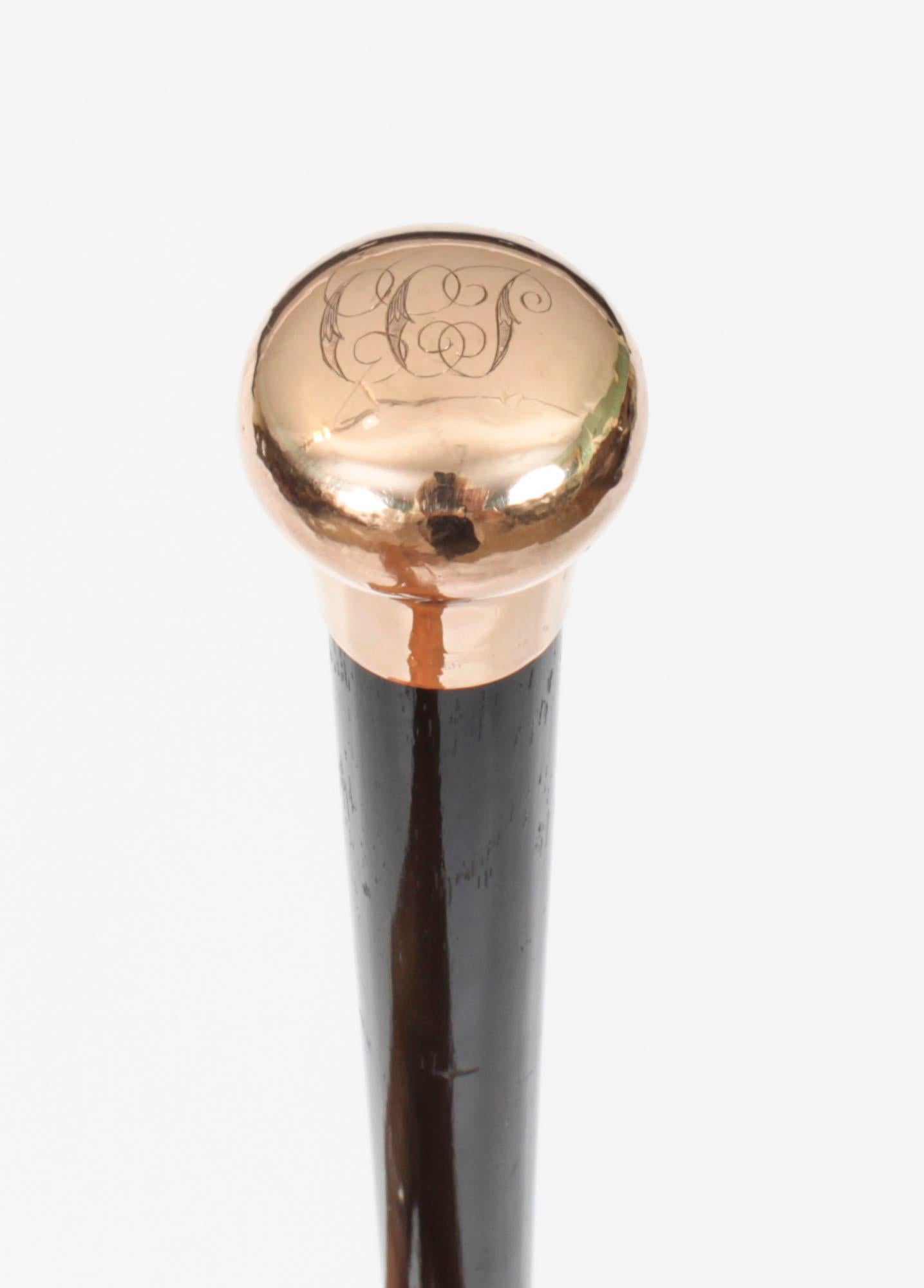 Antique Walking Stick Cane 9 Ct Gold Pommel Late 19th Century 1