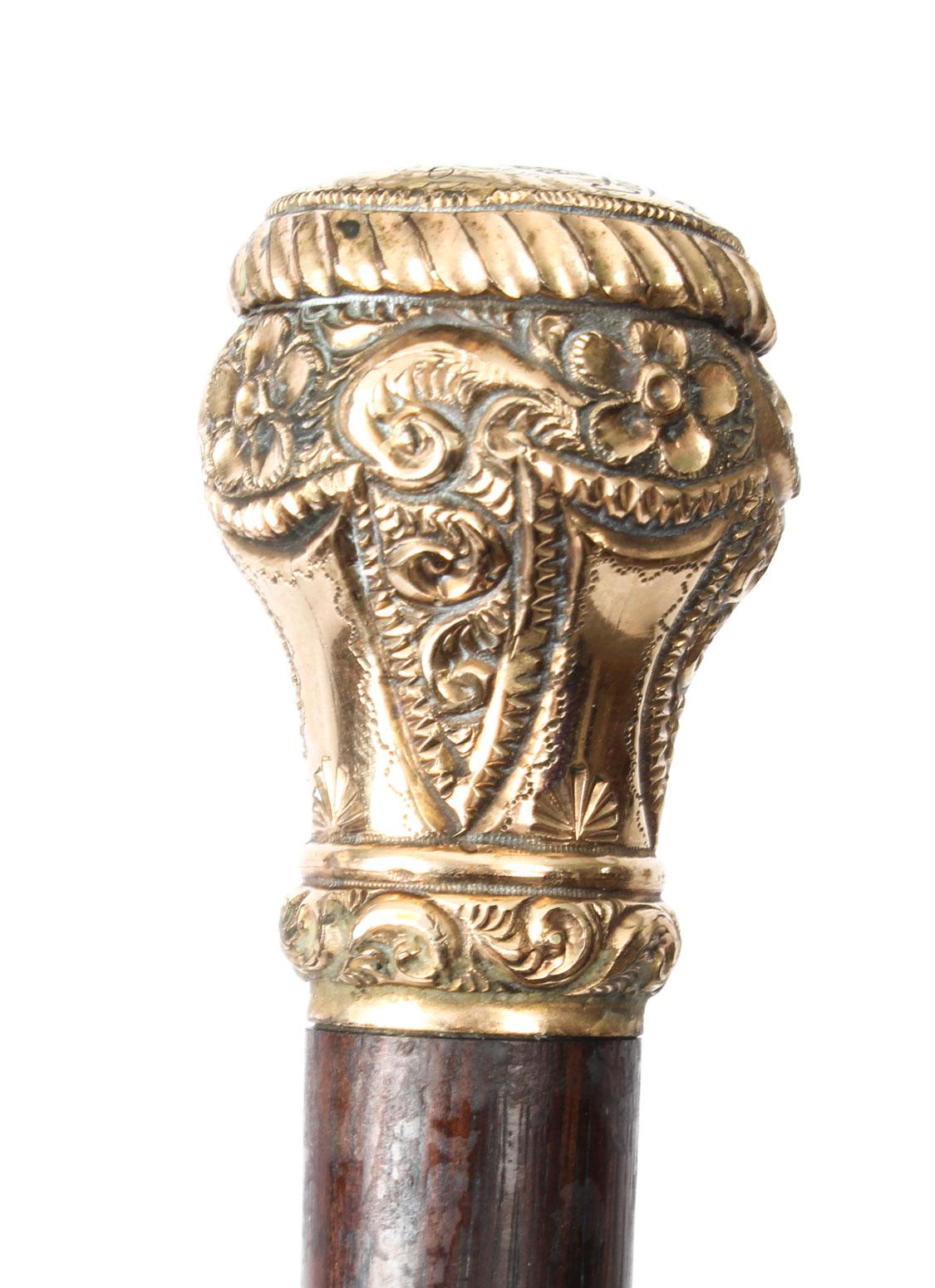 Late 19th Century Antique Walking Stick Cane 9-Carat Gold Topped Port Hope Canada, Late 19 Century