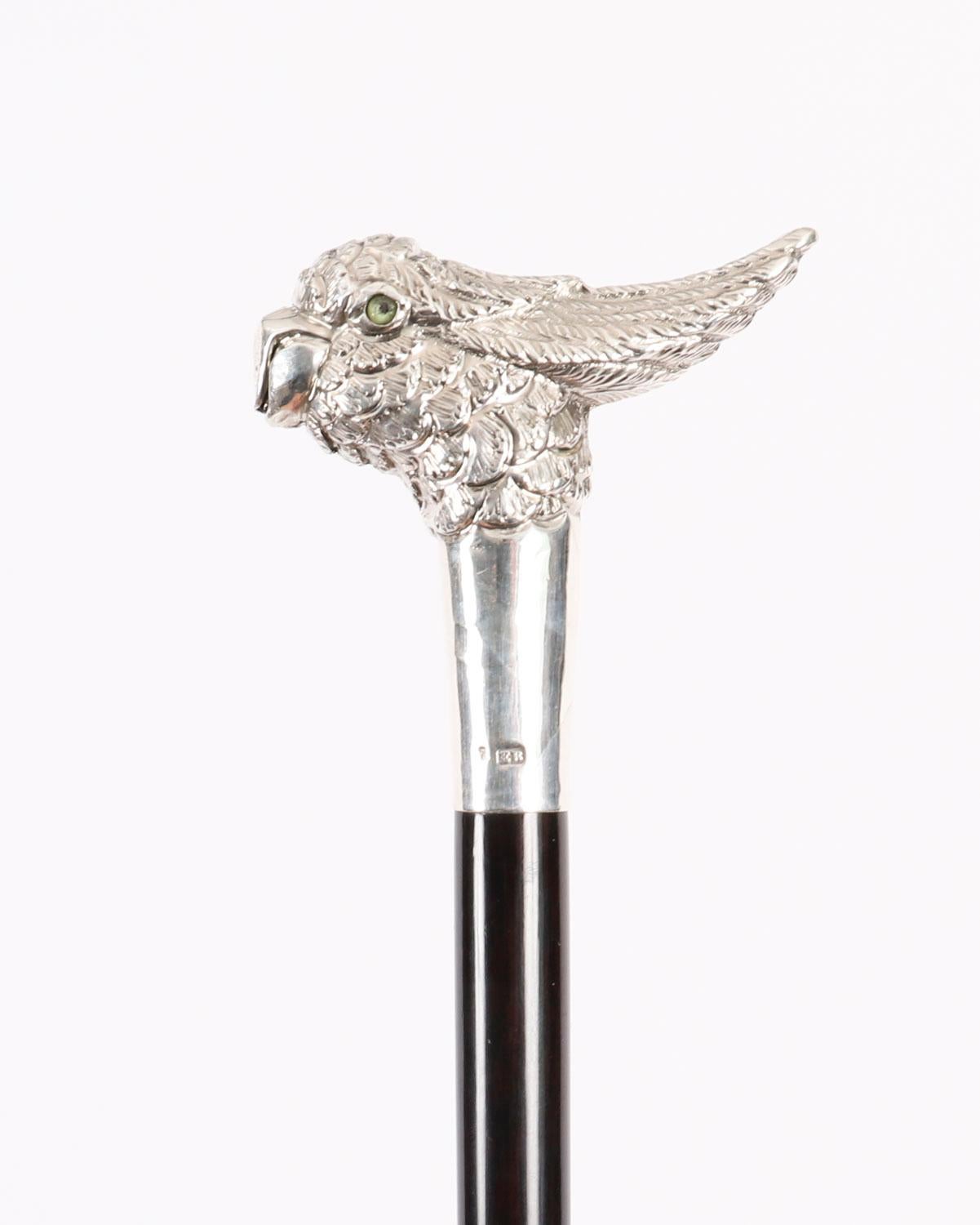Antique Walking Stick Cane Silver Cockatoo's Head EB, London, 20th Century 9