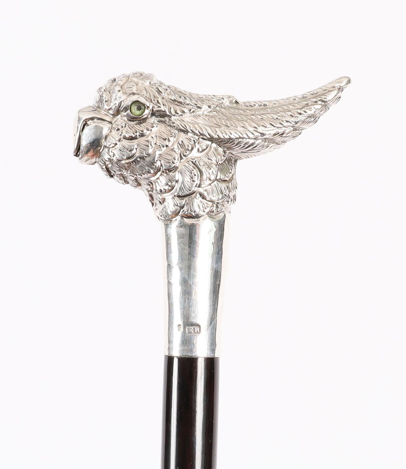 English Antique Walking Stick Cane Silver Cockatoo's Head EB, London, 20th Century