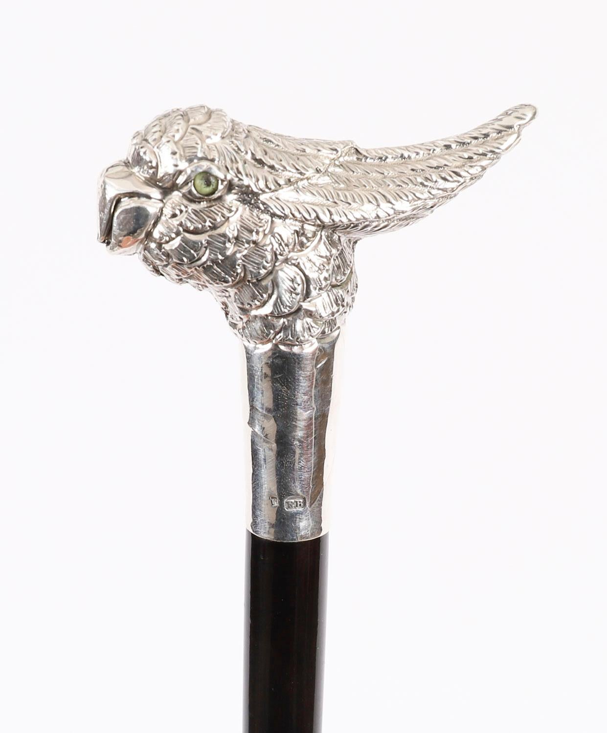 Ebonized Antique Walking Stick Cane Silver Cockatoo's Head EB, London, 20th Century