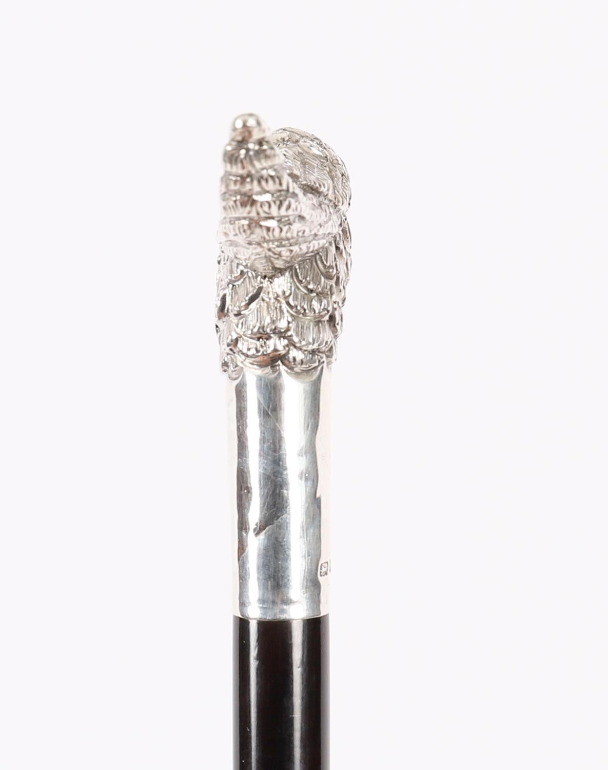 Antique Walking Stick Cane Silver Cockatoo's Head EB, London, 20th Century 1
