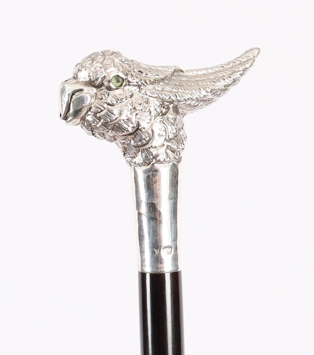 Antique Walking Stick Cane Silver Cockatoo's Head EB, London, 20th Century 4