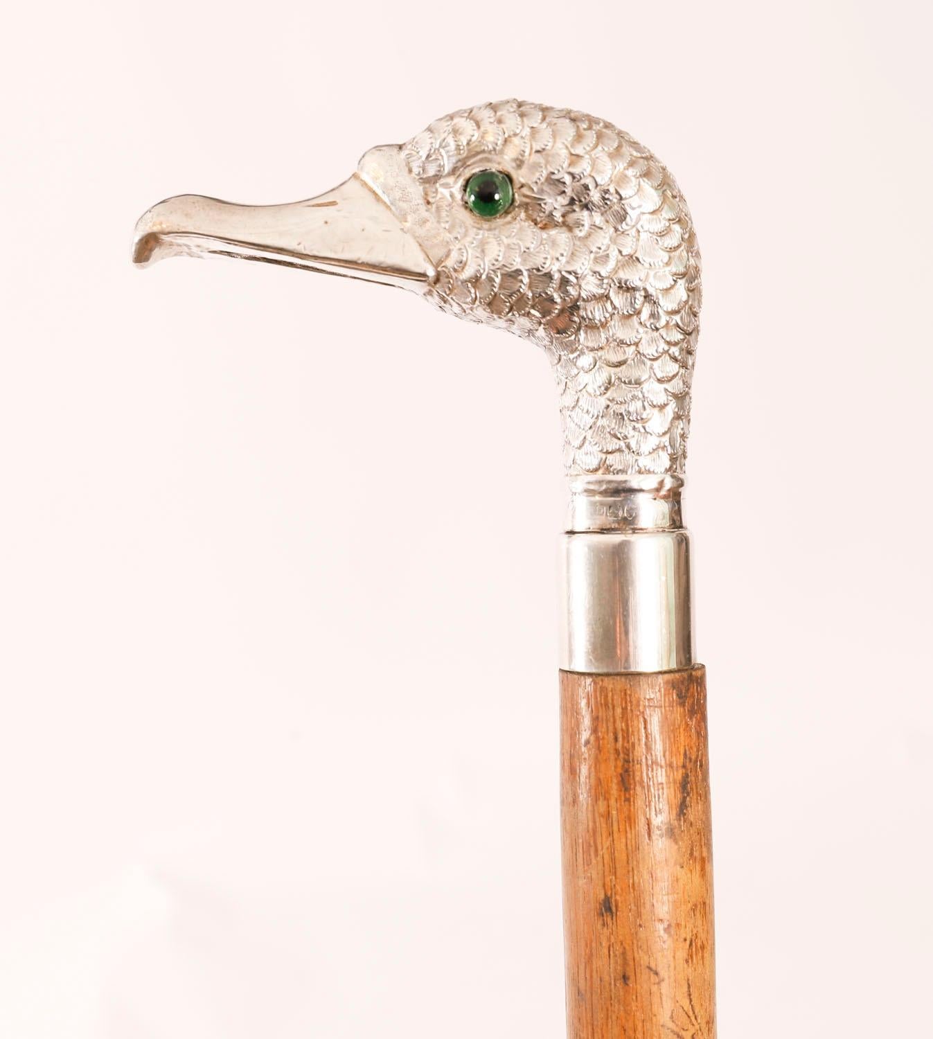 Antique Walking Stick Cane Silver Duck Head Handle dated 1909 94cm 37inches (Frühes 20. Jahrhundert) im Angebot