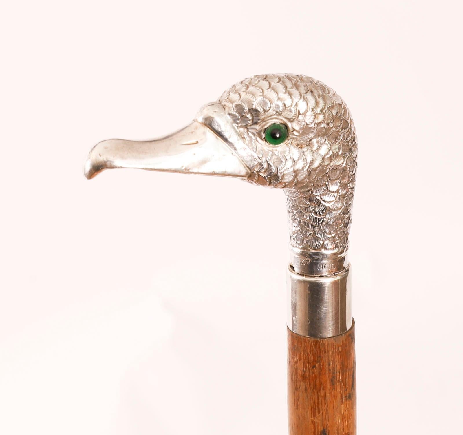 Antique Walking Stick Cane Silver Duck Head Handle dated 1909 94cm 37inches (Silber) im Angebot
