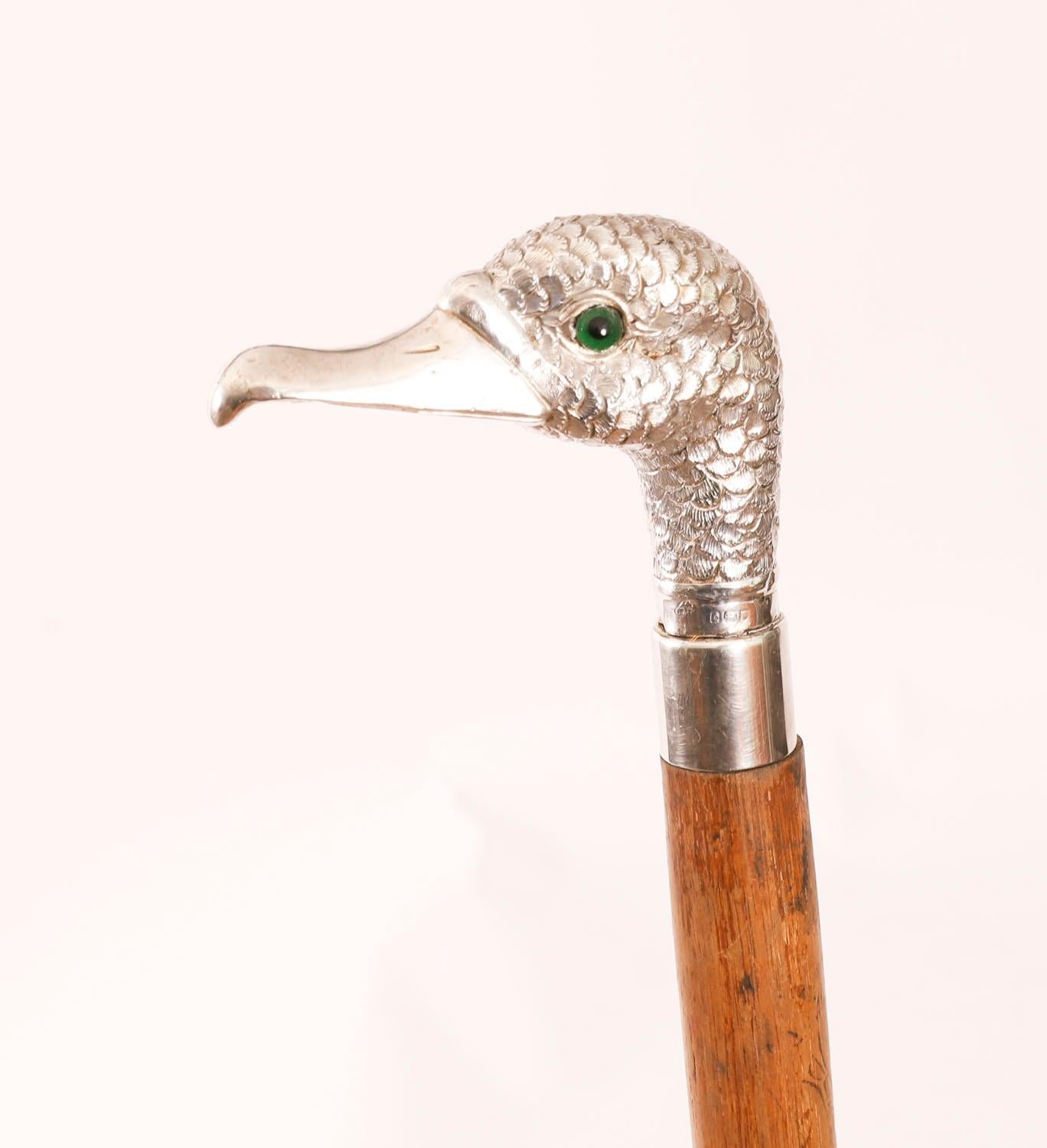 Antique Walking Stick Cane Silver Duck Head Handle dated 1909 94cm 37inches im Angebot 1