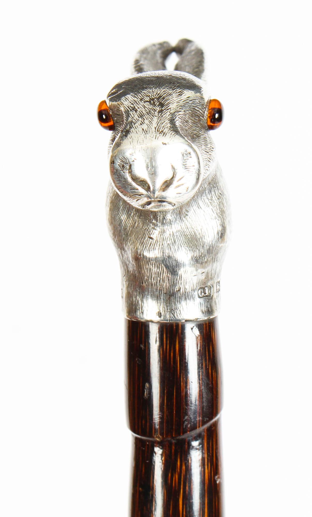 Victorian Antique Walking Stick Cane Silver Hare's Head Pommel by Brigg of London, 1902
