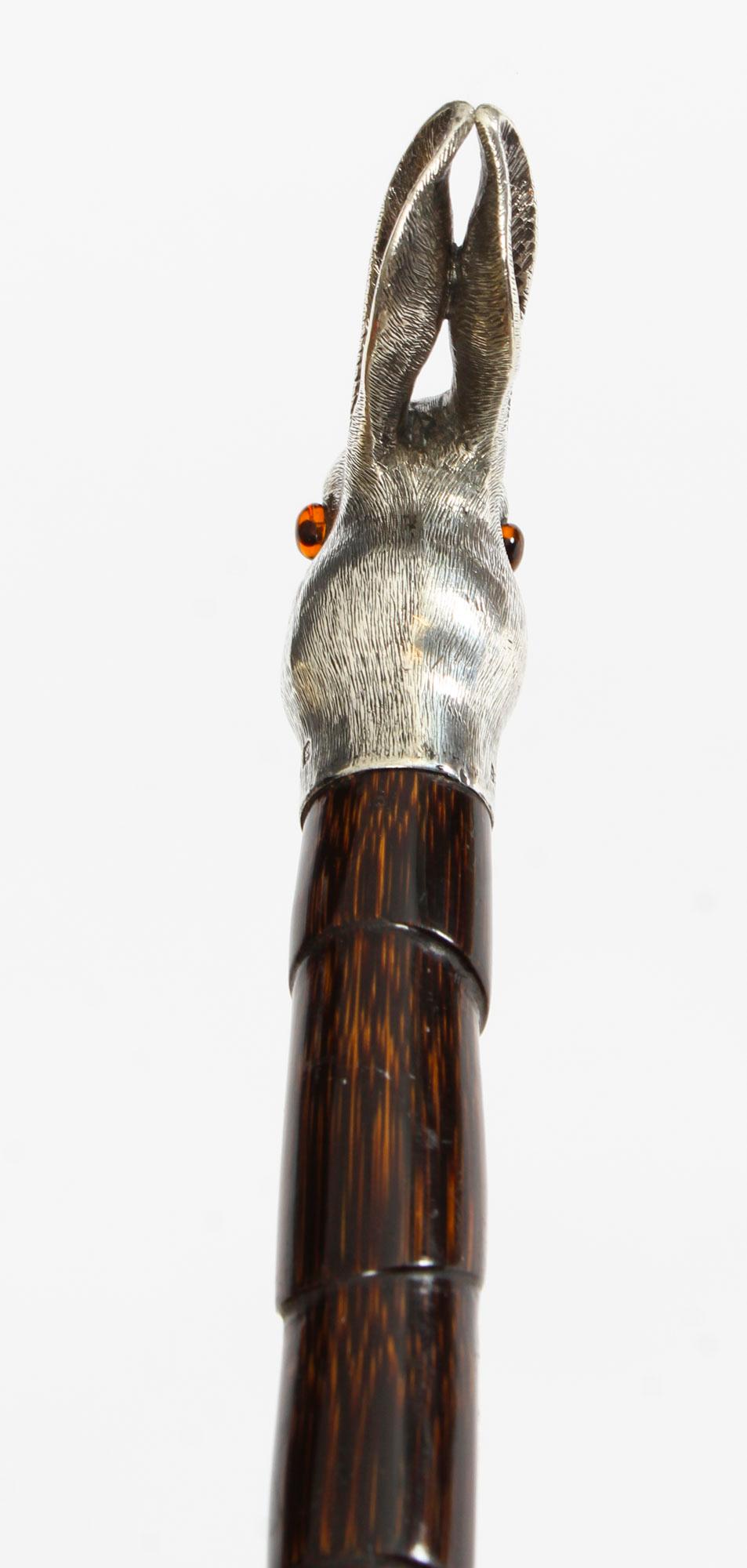 English Antique Walking Stick Cane Silver Hare's Head Pommel by Brigg of London, 1902