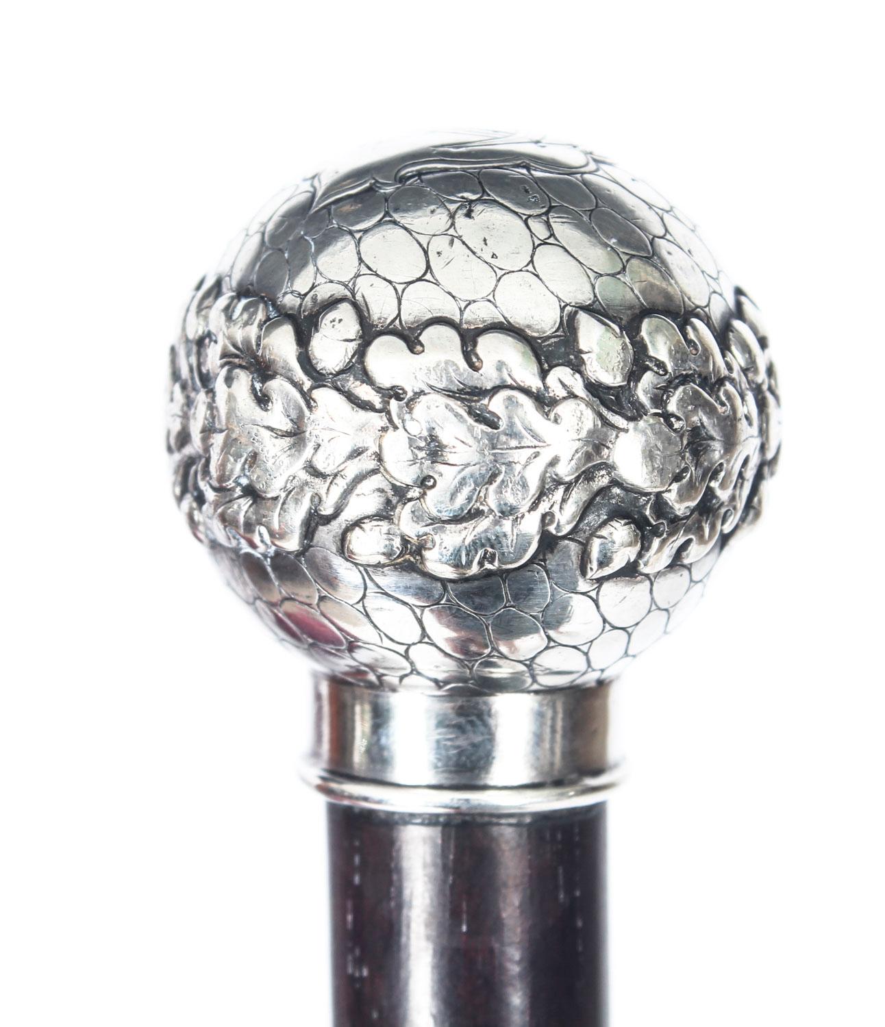 This is a superb 19th century silver-mounted exotic hardwood gentleman's walking stick, the globular silver pommel cast with a garland of oak leaves on a oeil de perdrix ground, circa 1870 in date.
 
A truly beautiful piece that would make a fine