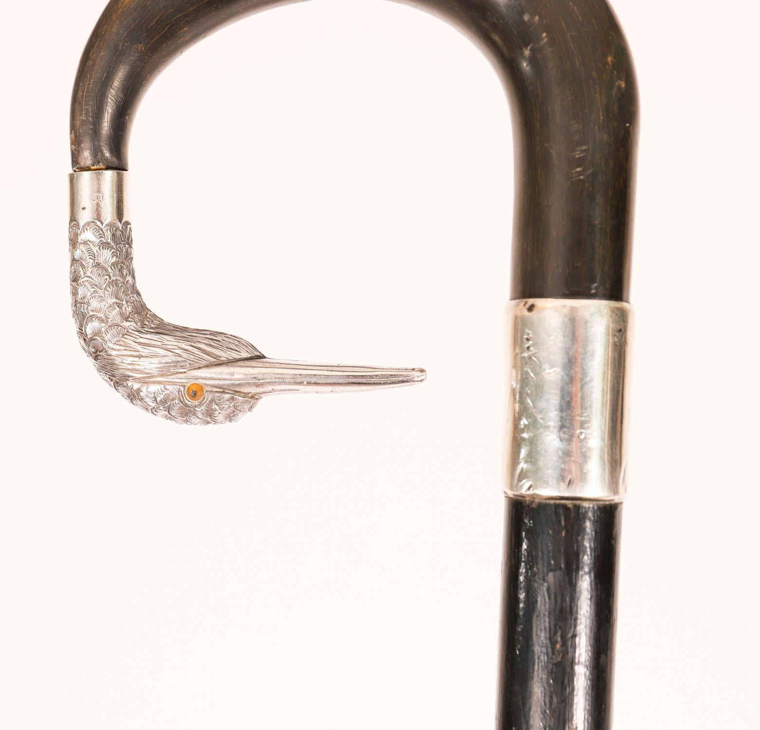 Antique Walking Stick Cane Sterling Silver Duck Head 20th Century For Sale 6