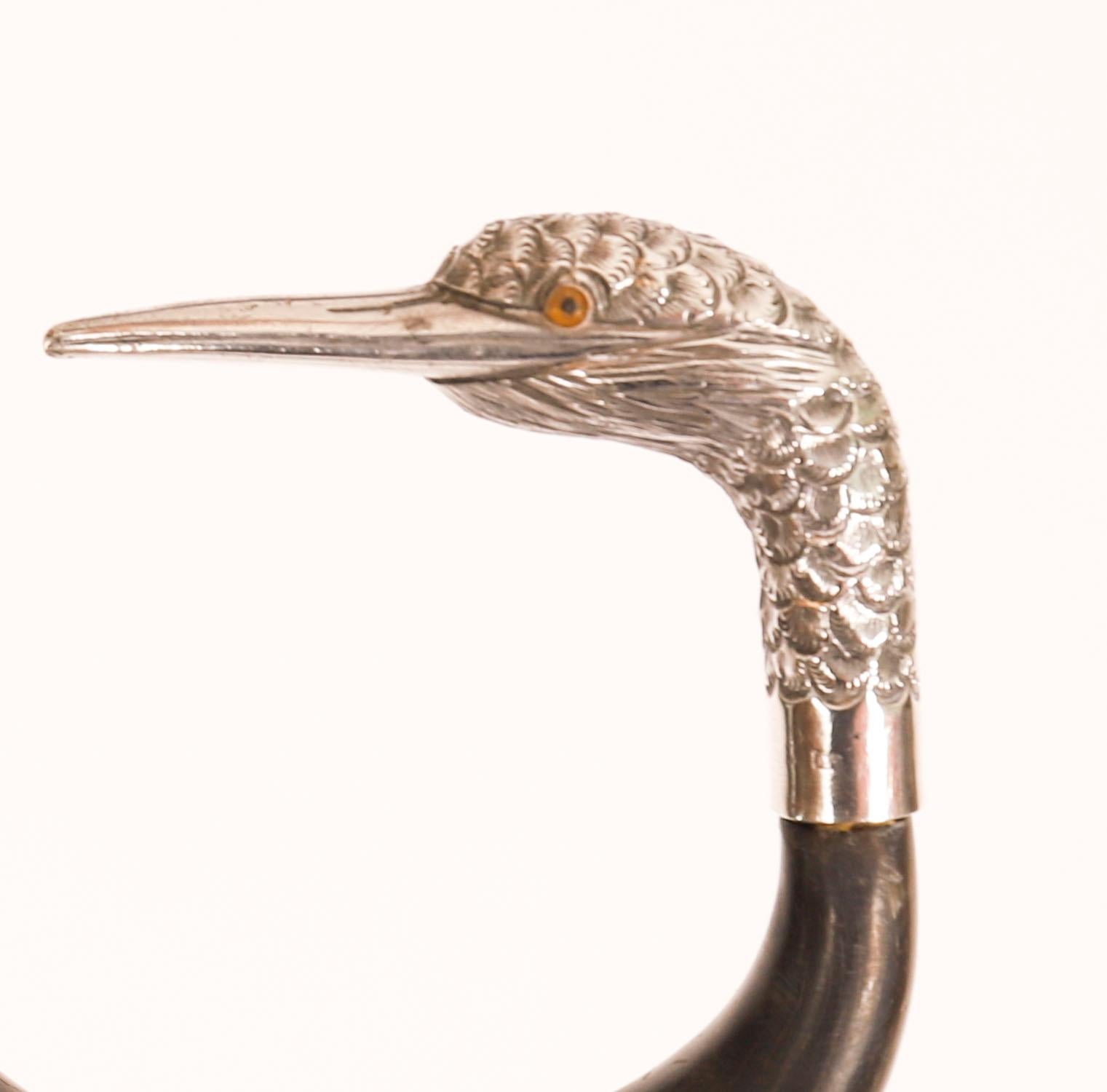 Antique Walking Stick Cane Sterling Silver Duck Head 20th Century For Sale 7