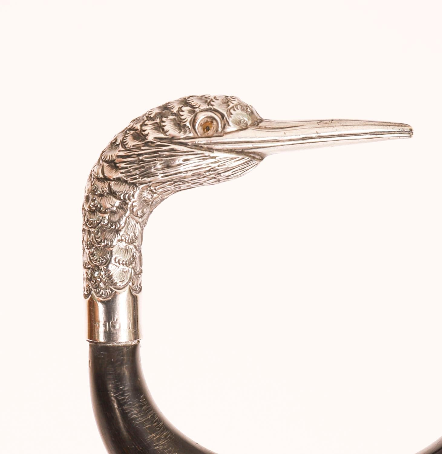 English Antique Walking Stick Cane Sterling Silver Duck Head 20th Century For Sale