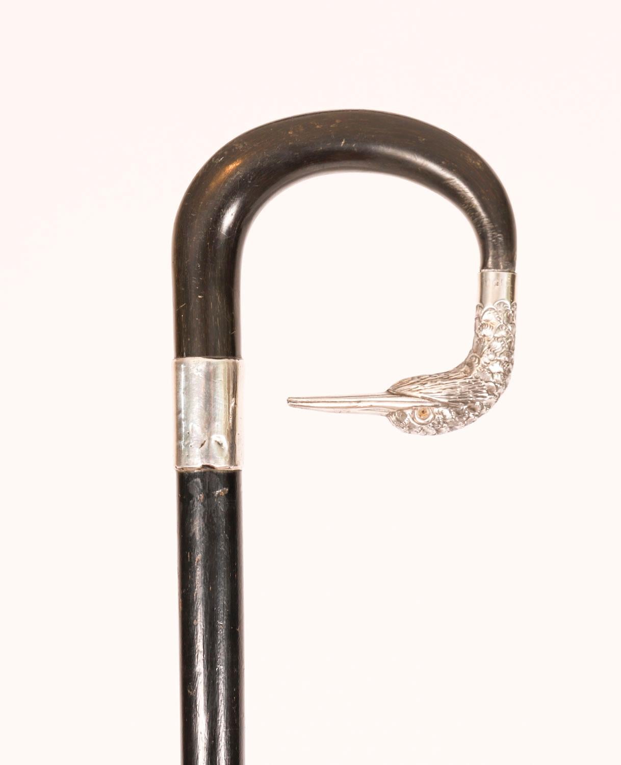 Antique Walking Stick Cane Sterling Silver Duck Head 20th Century In Good Condition For Sale In London, GB