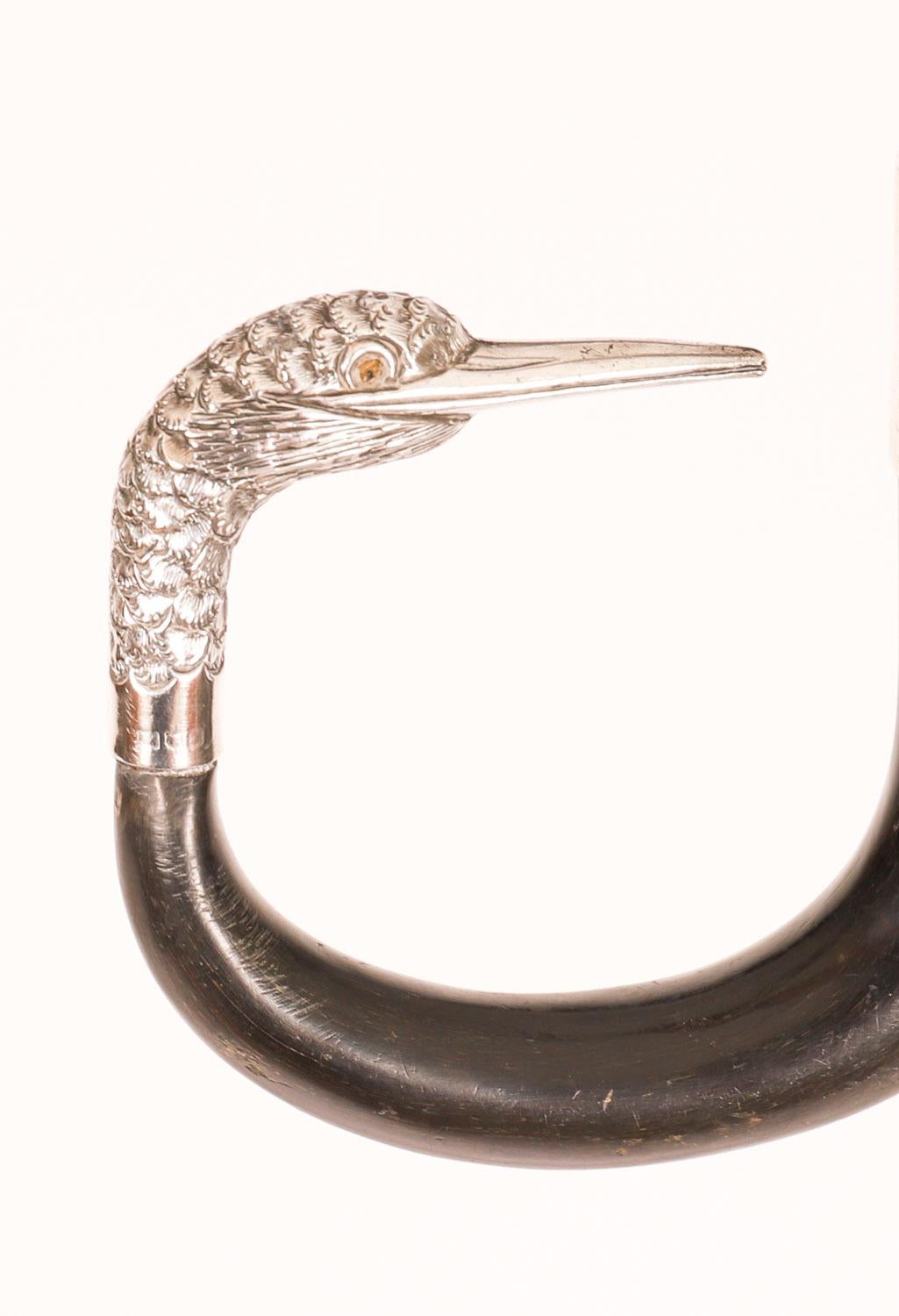 Antique Walking Stick Cane Sterling Silver Duck Head 20th Century For Sale 3