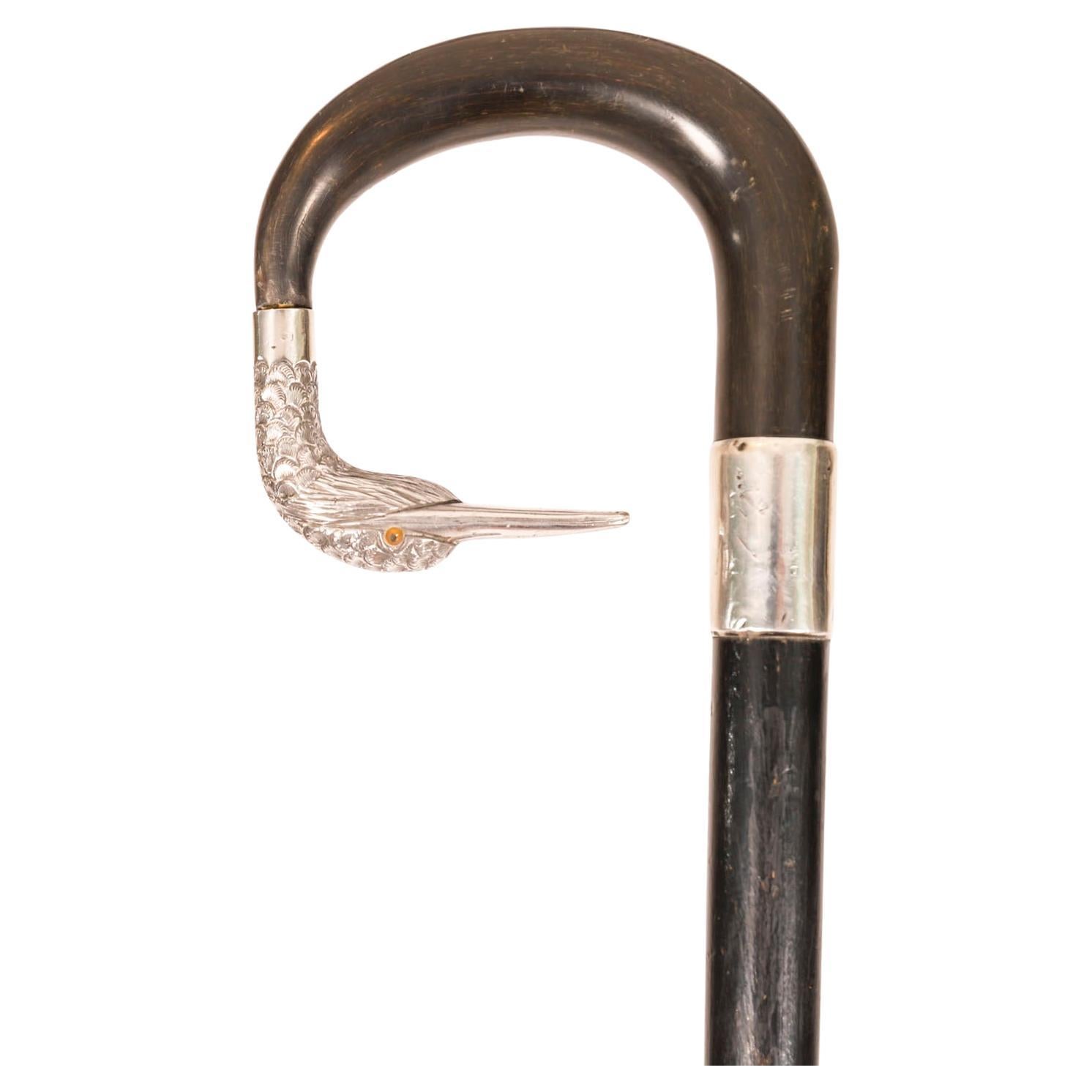 Antique Walking Stick Cane Sterling Silver Duck Head 20th Century